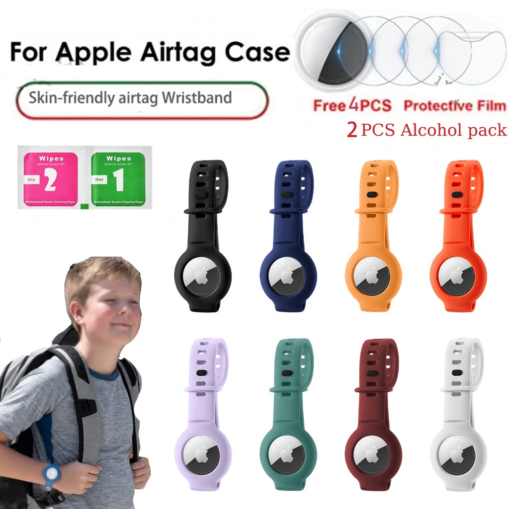 AirTag pulseira infantil de relógio com 4 filme airtag 2 pçs pacote de álcool, apple original airtags capa GPS crianças anti-perda localizador rastreador, silicone Air TagAir Tag case impermeável bike original