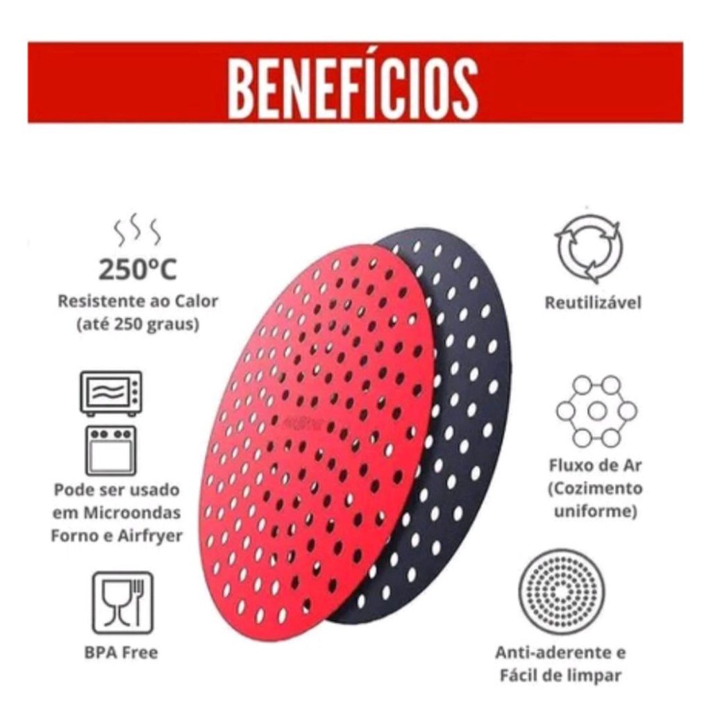 Tapete Protetor de Silicone Fritadeira Anti-Aderente Air Fryer Redondo e Quadrado Universal Casa
