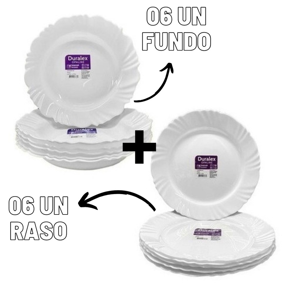 Kit 06 Pratos Fundo + 06 Raso Pétala Branco Vidro Opaline Jogo Jantar Duralex Resistente Nadir Figueiredo Borda Ondulada