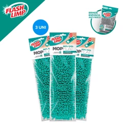 Kit Refil Para Mop Flat Chenile 3 Unidades + Esponja Poliester Flash Limp Para Limpeza Domestica
