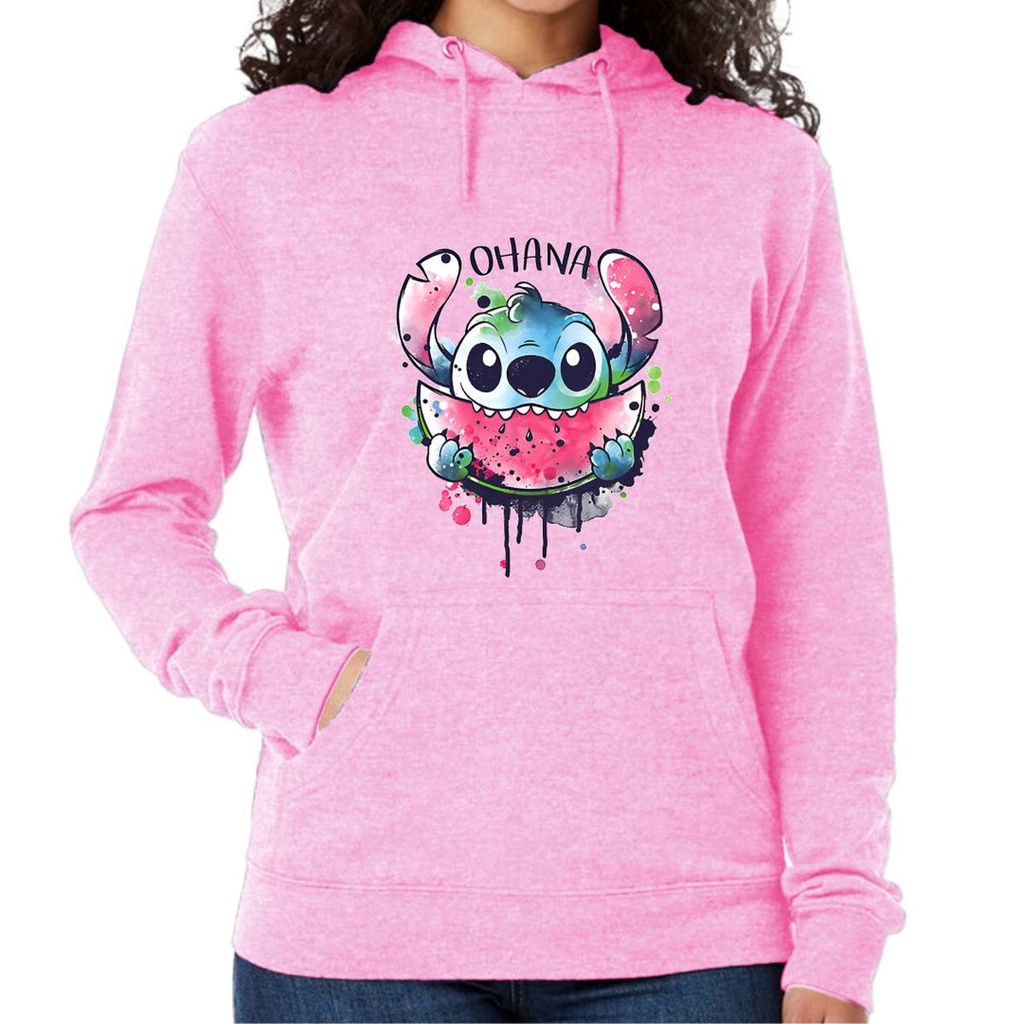 Blusa Moletom Canguru Ohana Lilo Stitch Comendo Melancia Desenho Feminino Capuz Com Bolso Anime