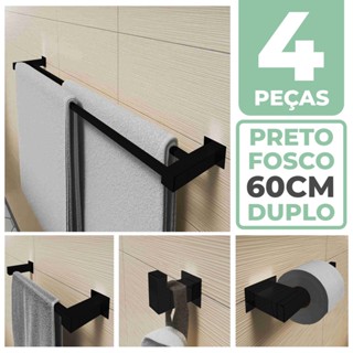 Kit Acessórios Banheiro/lavabo [4 Peças] Aço Inox 304 Preto Fosco [Q4CPF] Toalheiros Ganchos Ferragens de banheiro Inox Acessórios de toalheiros Labavo Nicho Prateleira Peça inox Conjunto metal Suporte em inox Porta toalha