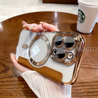 Porta-Cartões De Couro Premium Com Anel Magnético Metálico iPhone 15 14 Pro Max case 13 11 12 14 Mais Promax Caixa De Proteção De Lentes De Luxo Banhada A Choque Transparente