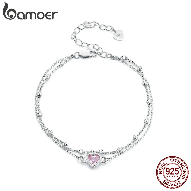 BAMOER 925 Sterling Silver Heart Charm Pulseira De Prata Dupla Camada Fashion Jewelry Gifts for Women em Oferta na Shopee