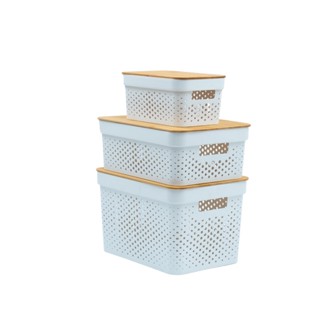 Kit 3 caixas organizadoras com tampa de bambu poá 3,5l, 10l e 18l branco - Oikos
