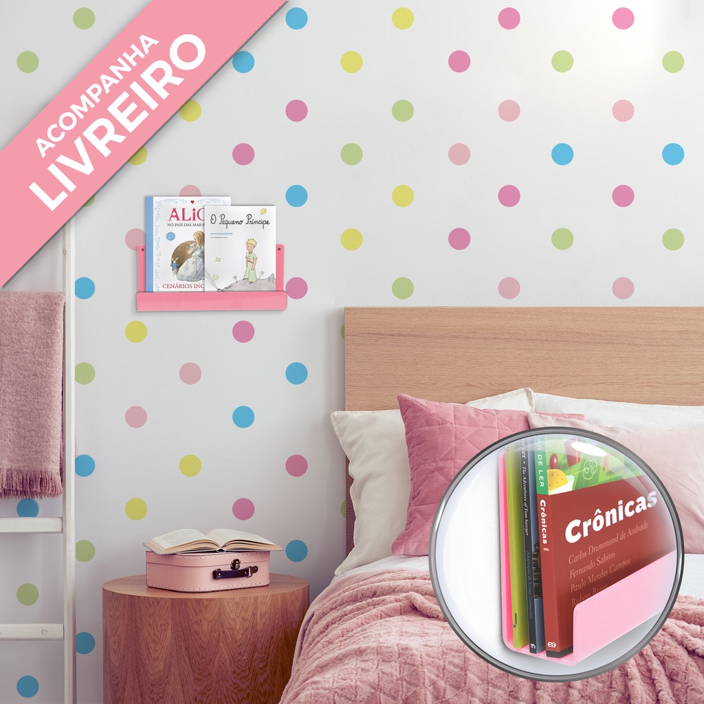 Adesivo de Parede Quarto Bolinhas Candy Colors e Livreiro