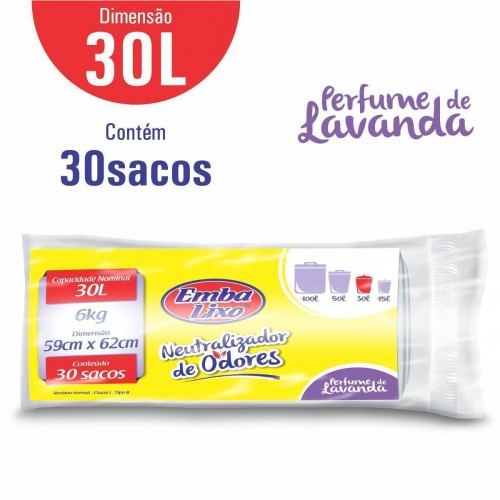 Saco para lixeira 30L neutralizador de odores com perfume de lavanda c/30 Embalixo - Home & Living
