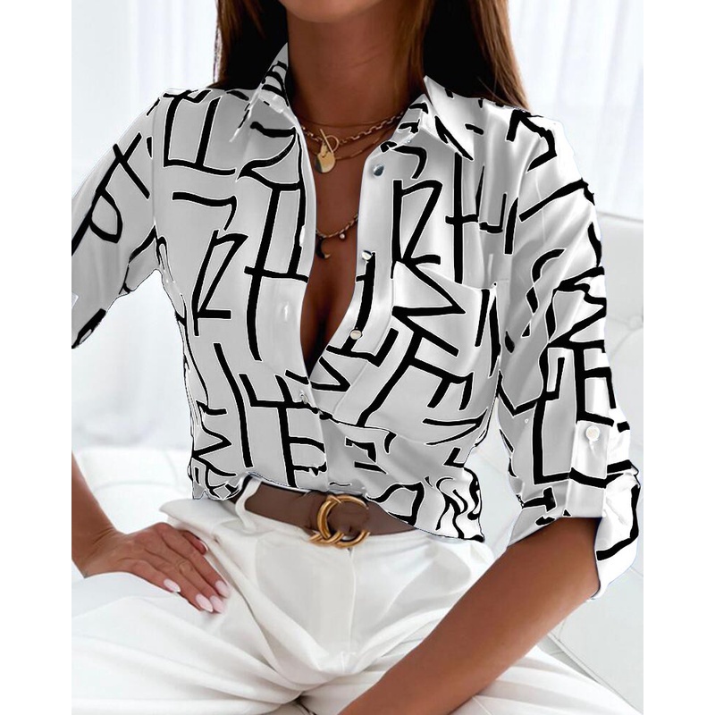 Moda Mulher Blusa Manga Longa Camisa Floral Listrada Feminina Camisas Vestuário 2023 Outon...