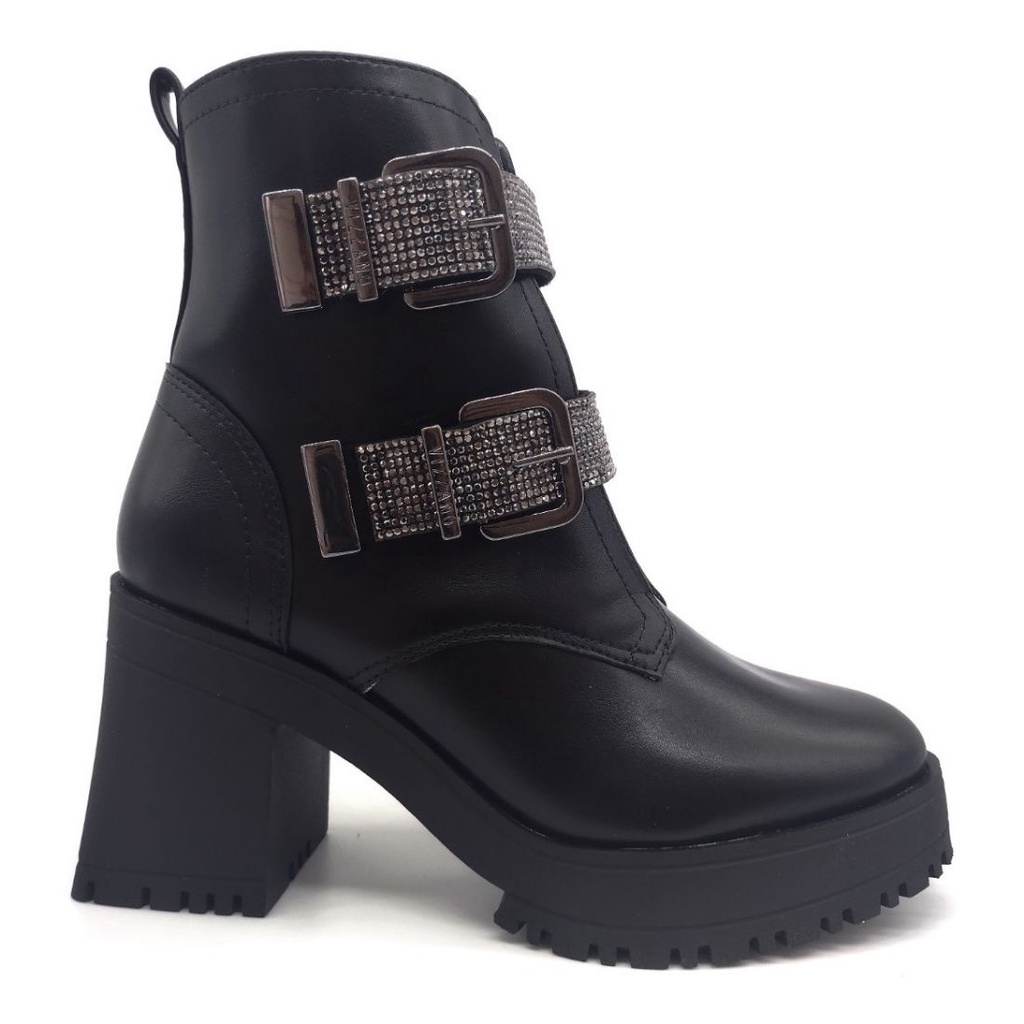 Bota Feminina Tratorada Coturno Vizzano Com Salto Bloco Fecho Em Strass
