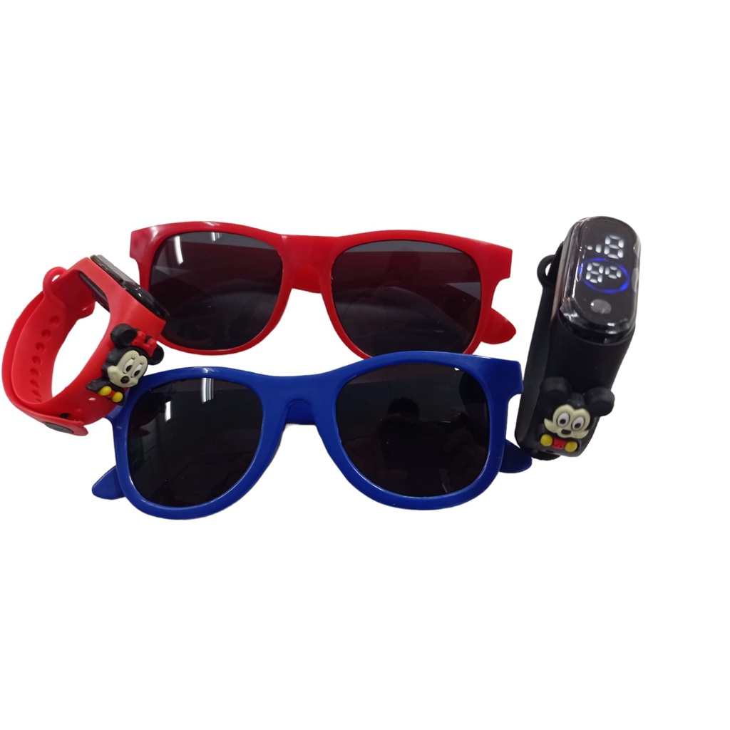 Kit Reloginho Preto Mickey Mais Oculos De Sol Azul
