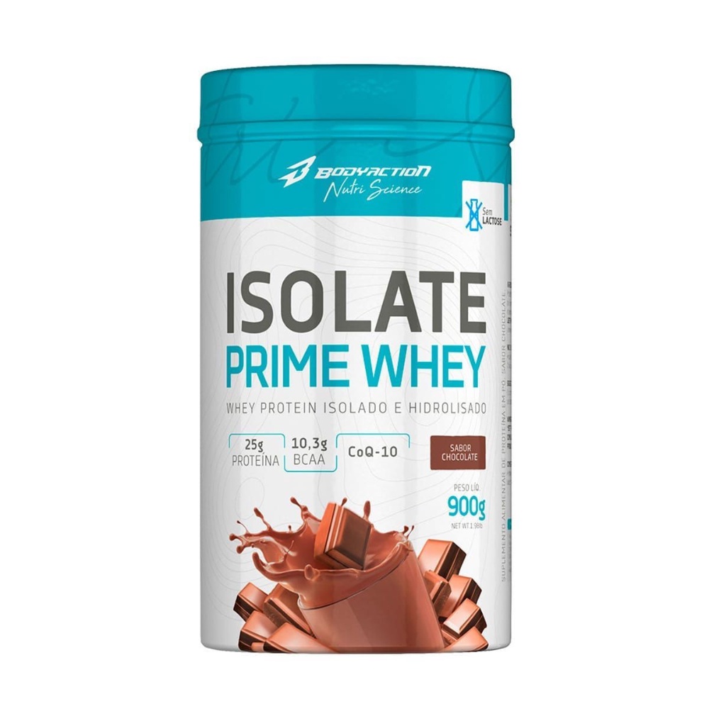 Suplemento em Pó Isolate Prime Whey 900g da Body Action - Sabor Chocolate - 25g De proteina - Coq-10 - Hidrolisado