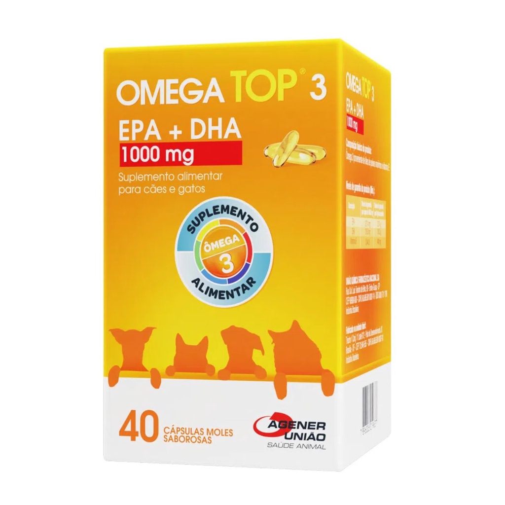Omega Top 3 1000mg Suplemento Alimentar para Cães e Gatos 40 Cápsulas