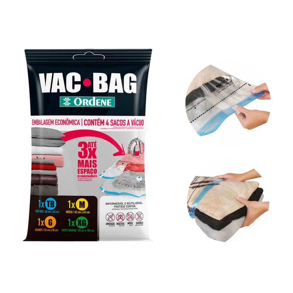 Conjunto VAC BAG 4 Sacos, 1 Trip, 1 M, 1 G e 1 Extra Grande  Compactar Roupas Mala Viagem Vacuo Poupar Espaço Armario
