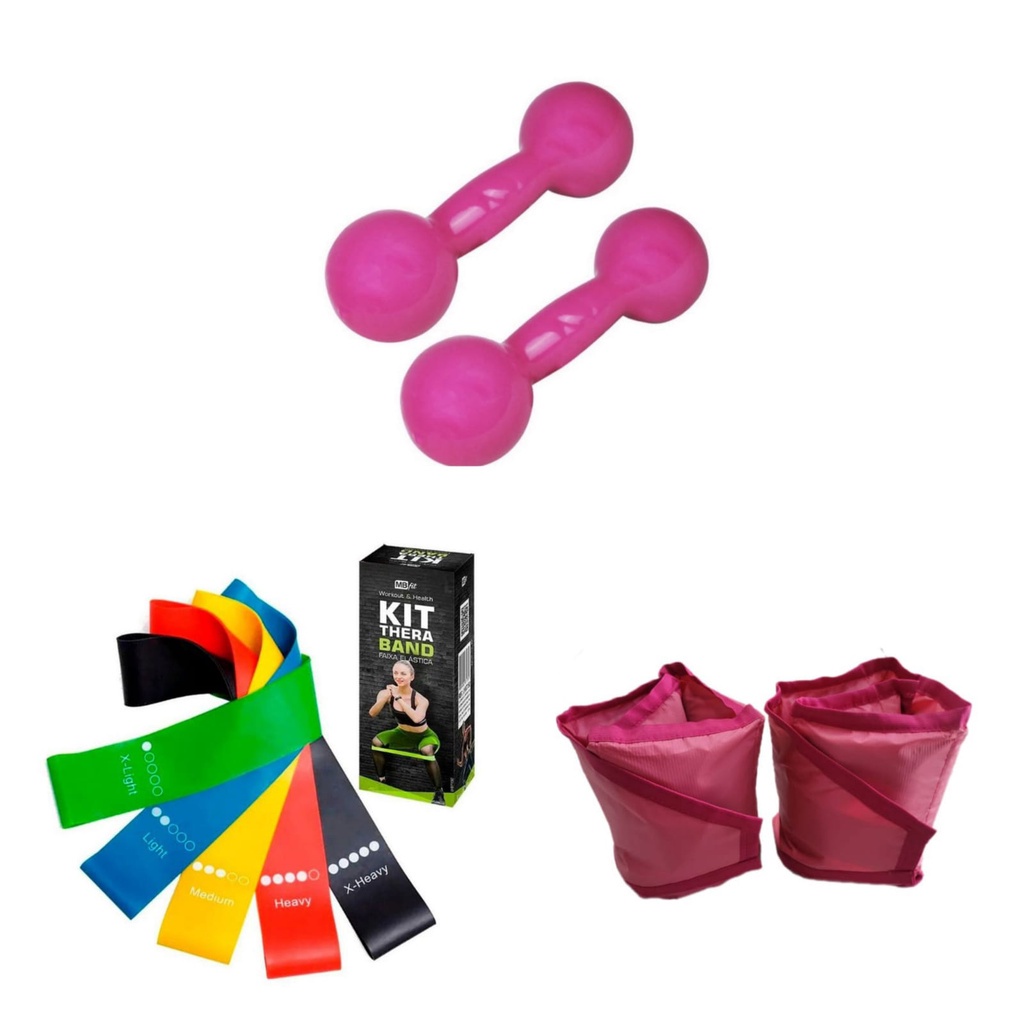 Halter Emborrachado 2 kg +  Caneleira 2 Kg + kit Theraband em Oferta na Shopee