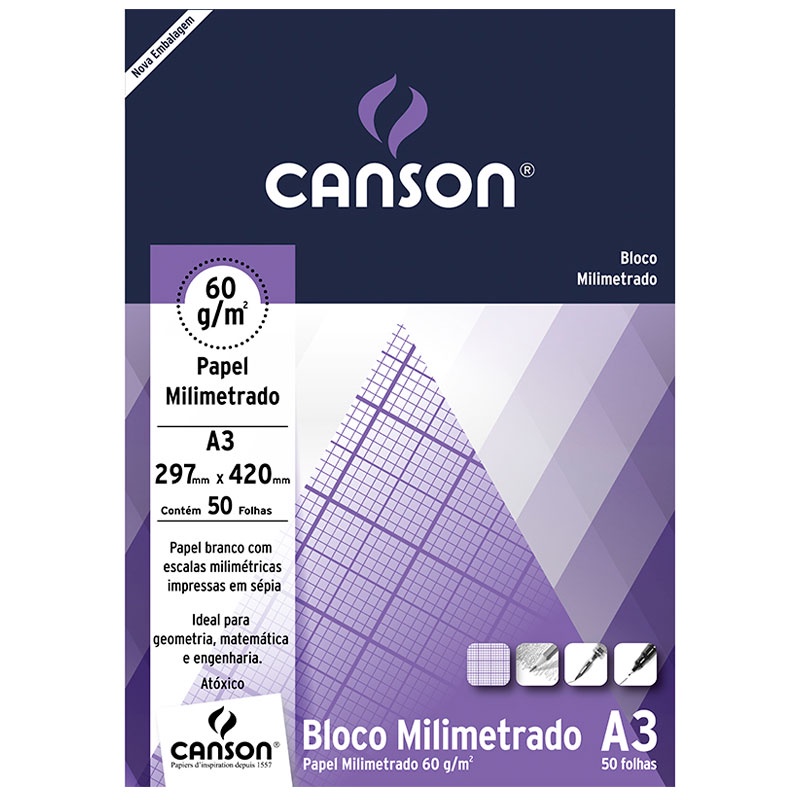 Bloco milimetrado A3 60g com 50 folhas Canson