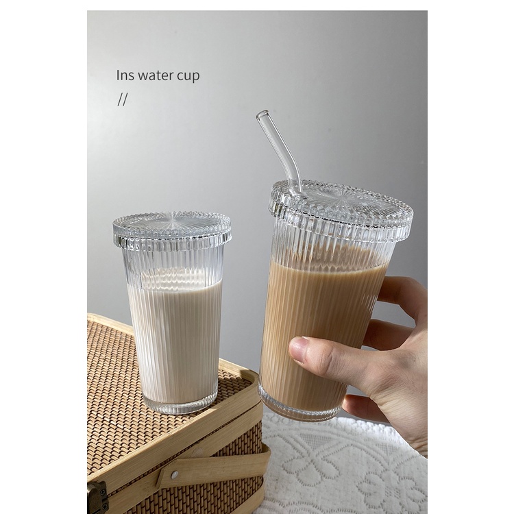 INS 375ML Copo De Vidro Listrado Vertical Com Canudo Canecas Leite Xícara De Café Chá Uísque Copos Drinkware Aniversário