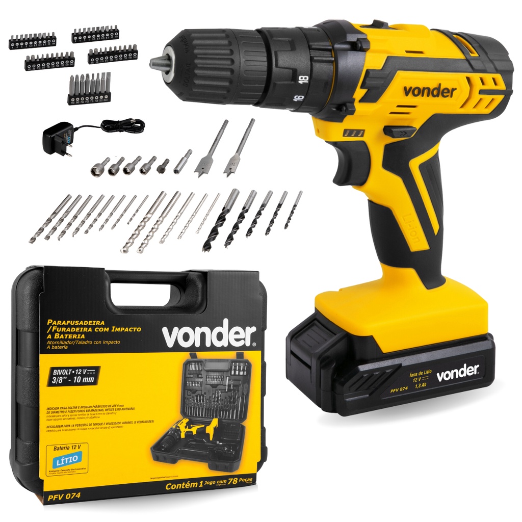 Parafusadeira Furadeira Bivolt Maleta Vonder 74 Acessórios em Oferta na Shopee