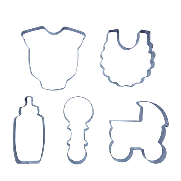 Ki 5 Cortadores Bebê 8 cm Em Aço Inox Com Protetor de Mão Para Cookies Biscuit e Pasta Americana Decoração Bolos Doces Tortas Artesanato Recem Nascido Roupa Roupinha Mamadeira Chupeta Babador Carrinho Berço