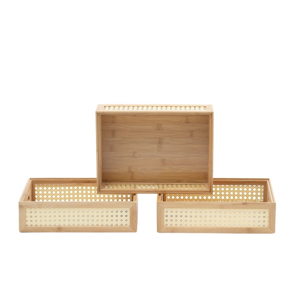 Kit 3 caixas organizadoras empilháveis de bambu e palhinha 32cm - Oikos em Oferta na Shopee