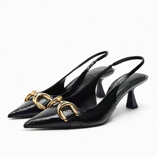 ZARA Black Cabeça De Boca Rasa Com Fivela Metálica Estilo Feminino Ponta De Salto Alto Stiletto