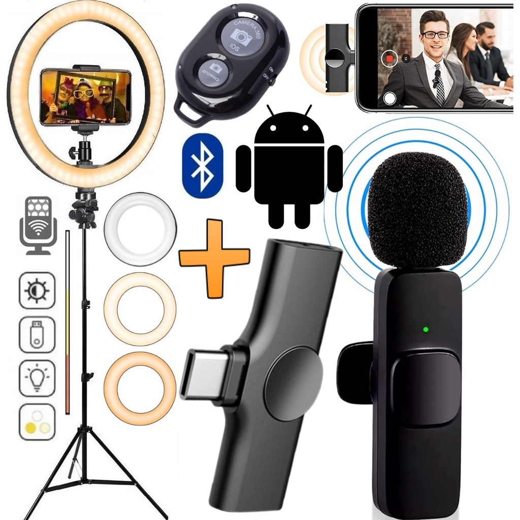 Kit Youtuber Tripé Suporte Celular Microfone Lapela Sem Fio Tipo C Android + Aro de Luz Ring Light Selfie Gravação Vídeo