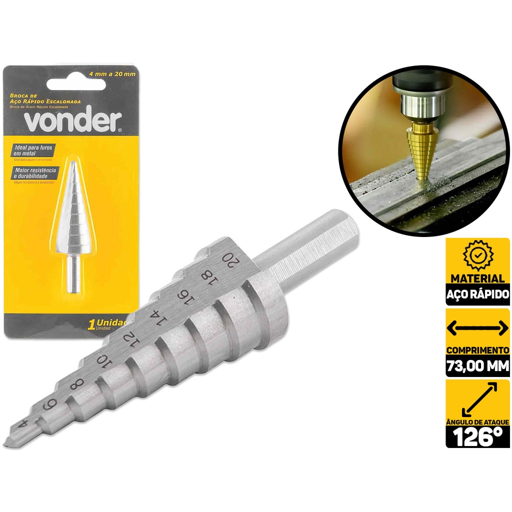 Broca Escalonada Vonder 4 A 20mm Aço Rápido Furo Metal 5344420000