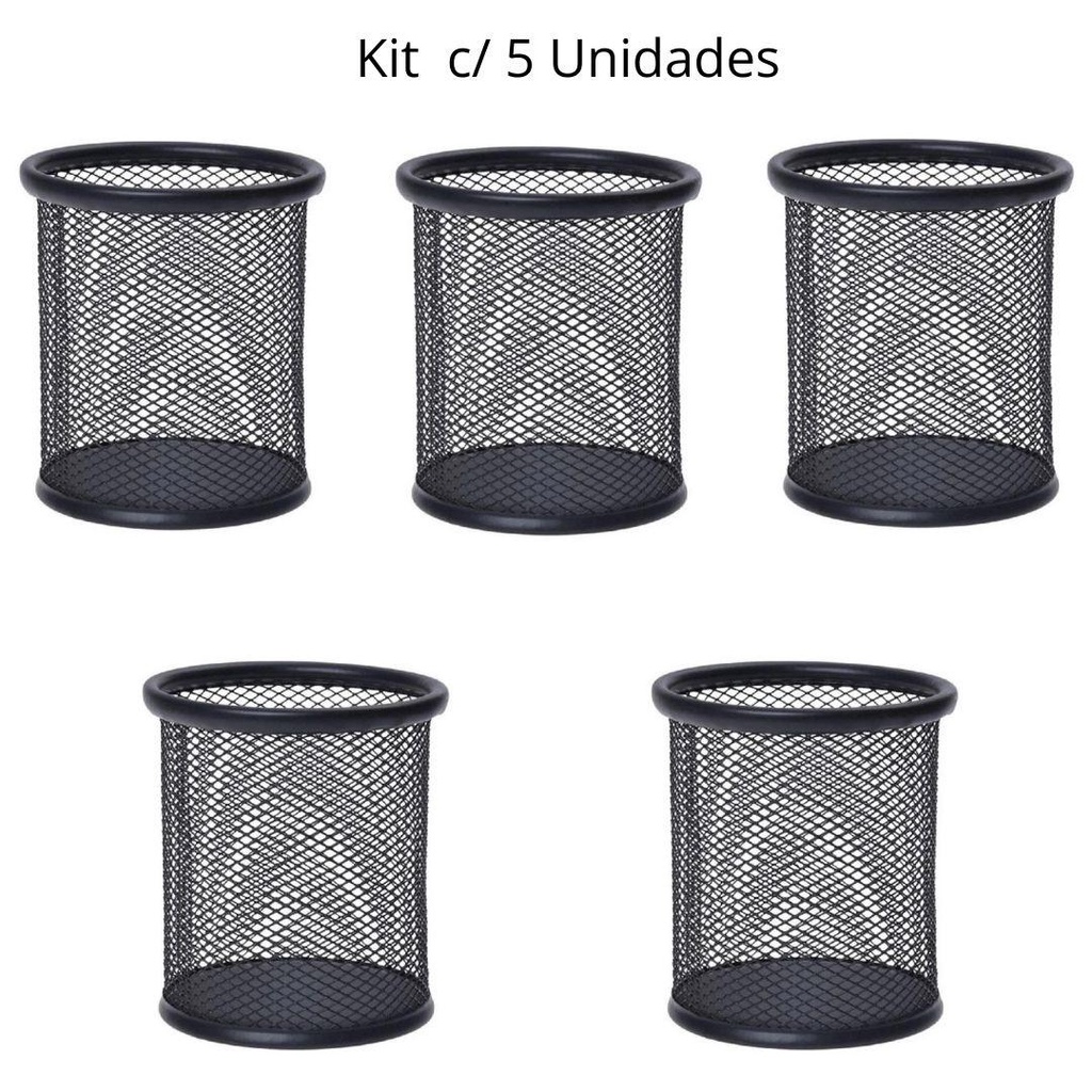 Porta Caneta, Porta Lápis, Porta Treco Kit c/ 5 Unds, Redondo, Aramado, Preto