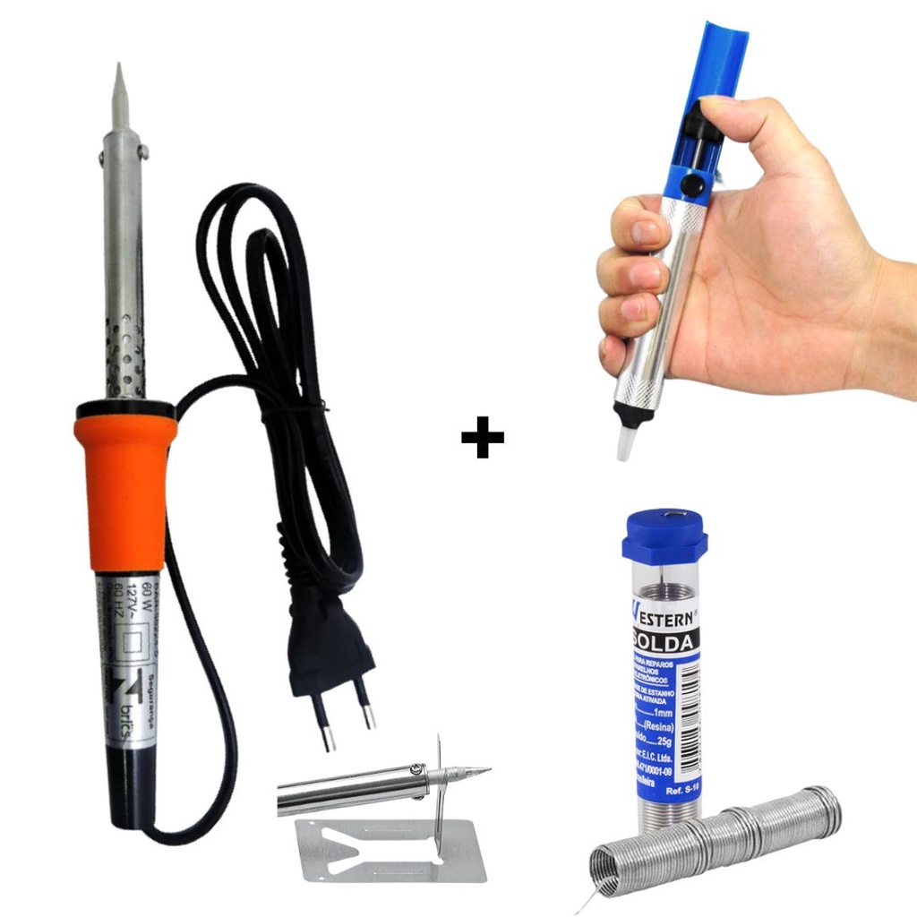 Kit Ferro De Solda Soldar Soldador 60w 110v ou 220v Estanho Sugador