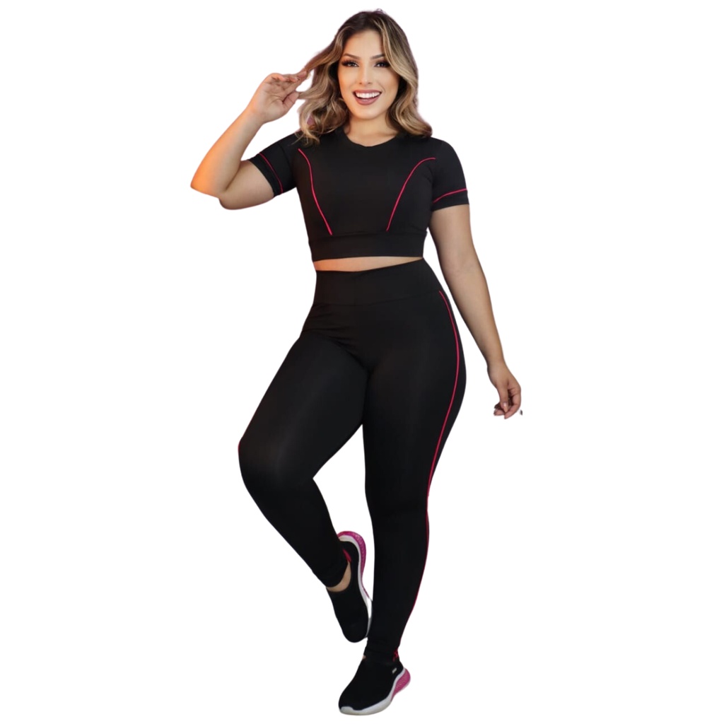 Conjunto Academia Calça Legging e Cropped Slim Feminino Top Ginástica Treino Caminhada