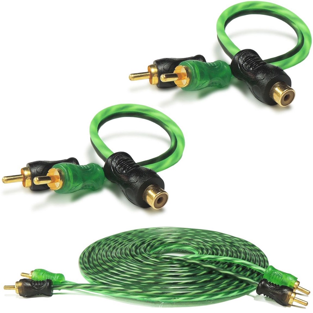 Kit 1 Cabo RCA 5m + 2Y Serie 200 PRO Injetado Verde 4mm Som Automotivo Slim Caixa Bob Flexível Paredão Cortes De Pressão - Audio