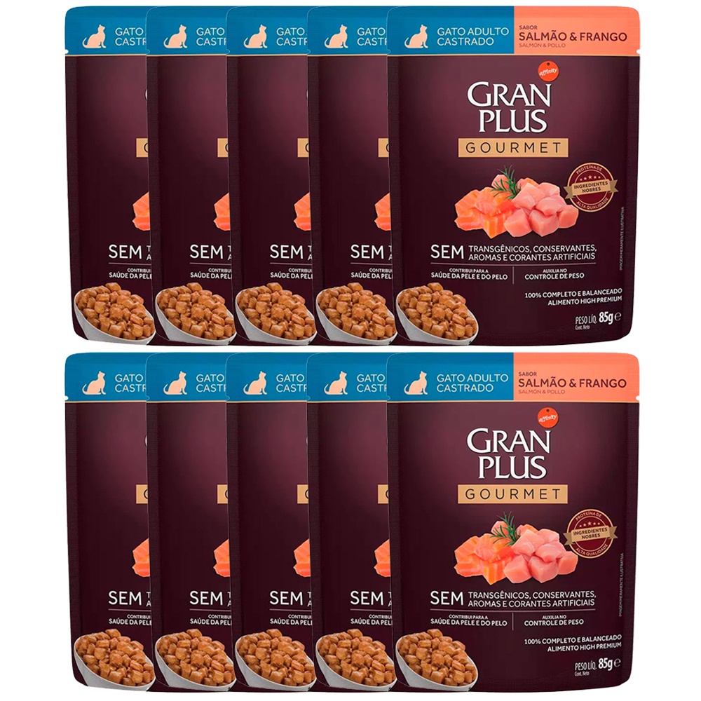 Kit 10 Rações Úmidas Gran Plus Sachê Gatos Gourmet Castrados Salmão e Frango 85g em Oferta na Shopee