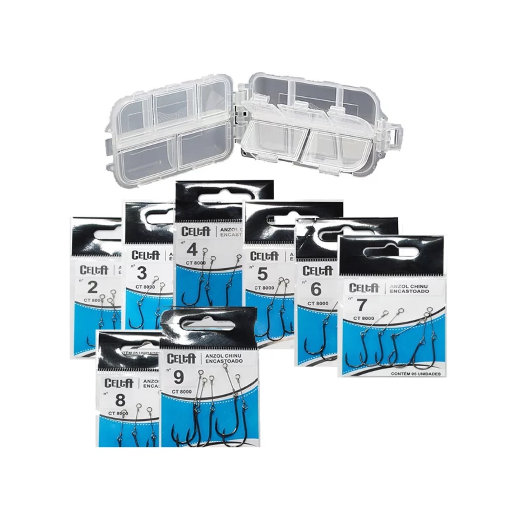 Kit Pesca Pescaria Celta CT8000 - 40 uni Anzol encastoado chinu black + estojo