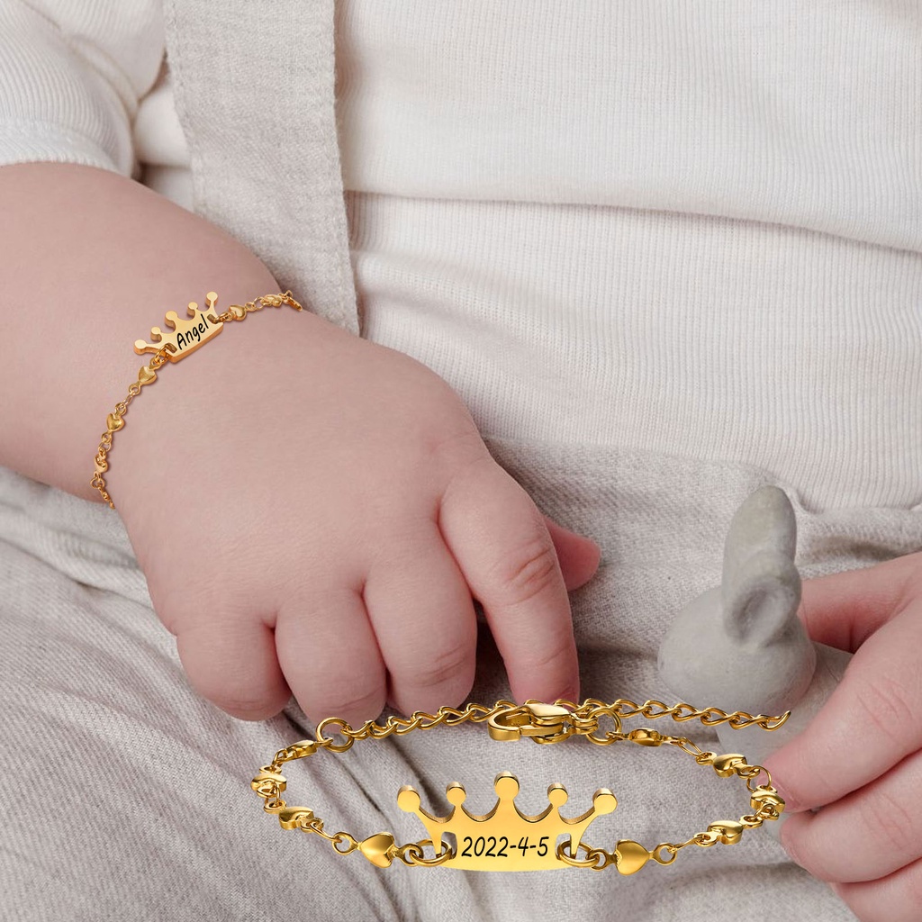 Pulseira Personalizada De Aniversário Vnox Free Engraved Crown Bracelet for Baby Toddler Child , Nome ID em Oferta na Shopee