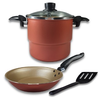 Kit Panela Cuscuzeiro 16 cm com Tampa de Vidro e Frigideira Francesa 16 cm Antiaderente 5 Camadas De Teflon Cereja e Dourado