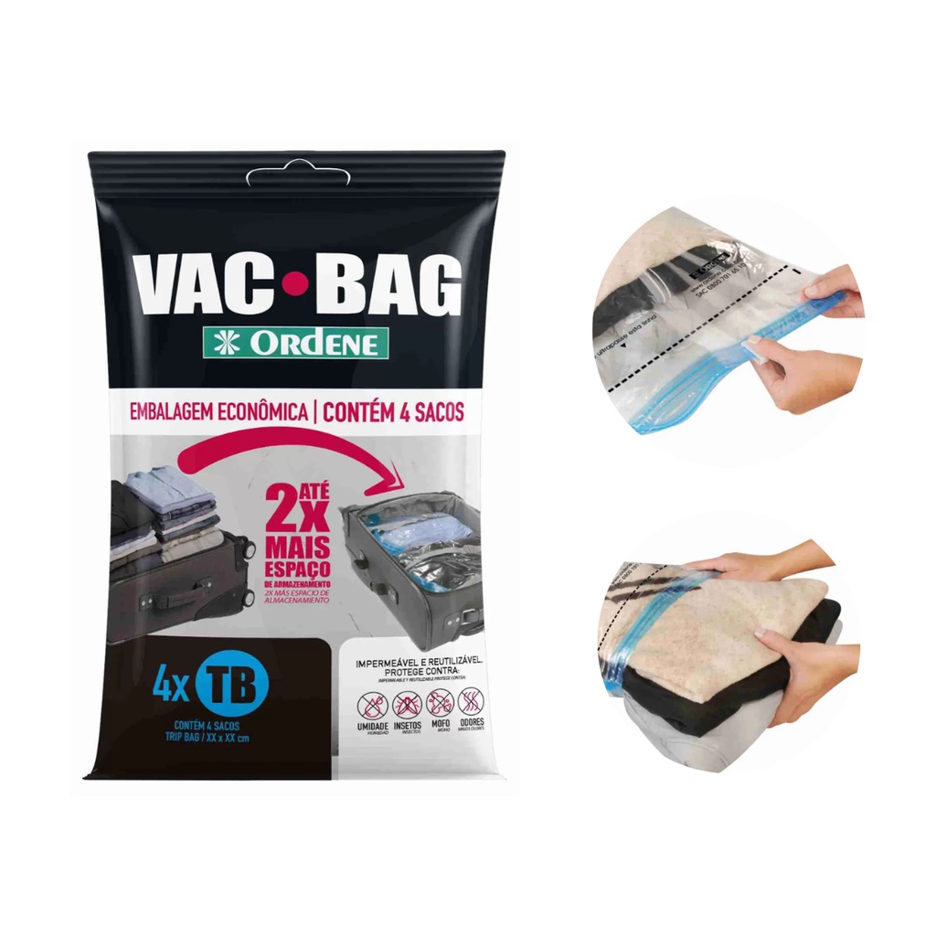 Saco A Vácuo Vac Bag Trip 60 Cm X 40 Cm Com 4 Unidades Compactar Roupas Mala Viagem Vacuo Poupar Espaço Armario