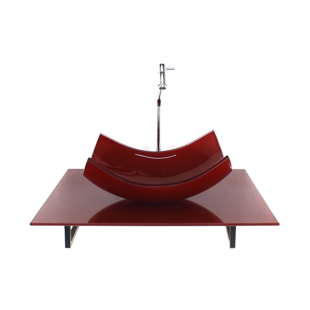 KIT CUBA DE VIDRO RETANGULAR CURVADA COM TAMPO 60CM VERMELHO CEREJA FULL E SUPORTE PRETO