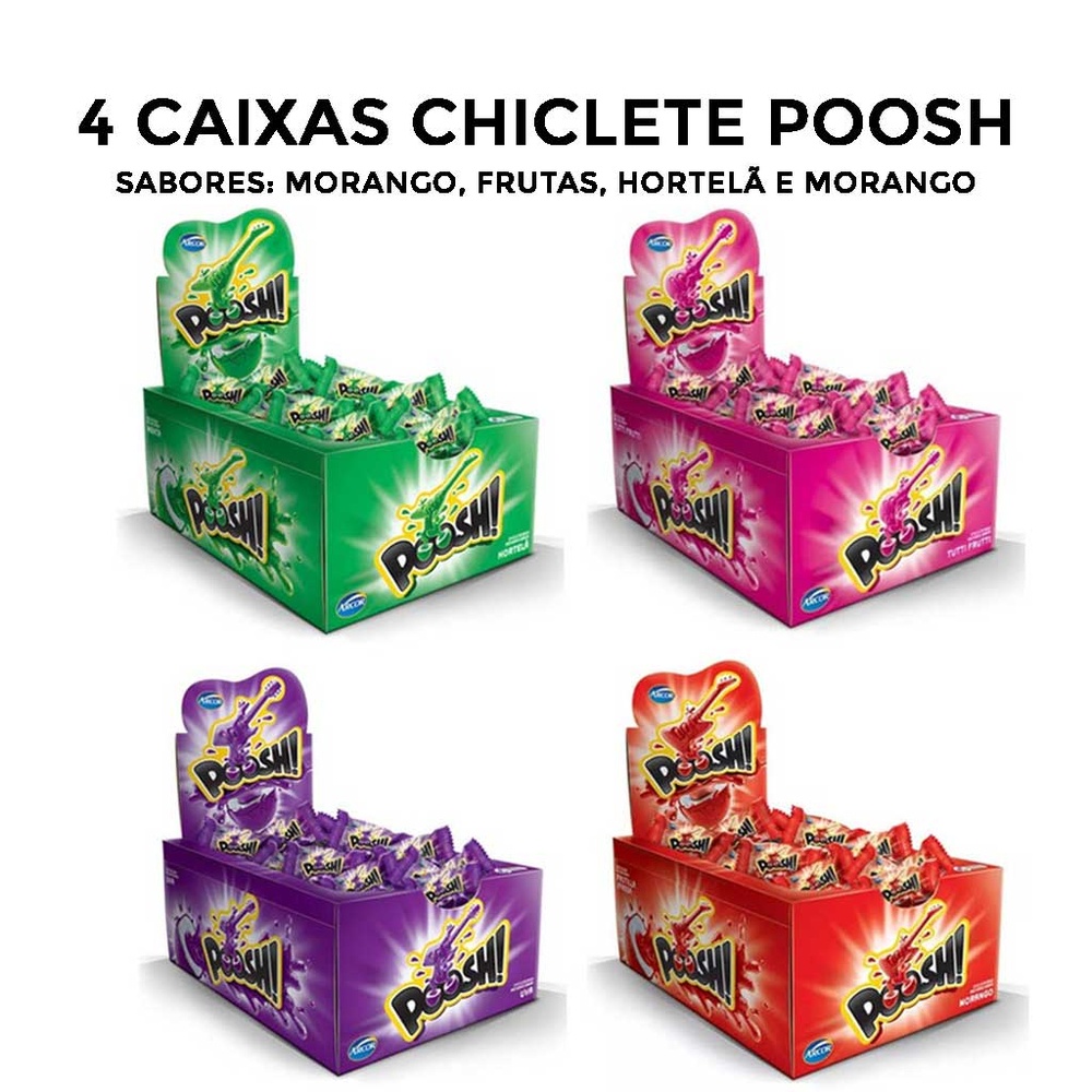 Kit com 4cx Chiclete Poosh 1 Morango, 1 Fruta, 1 Hortelã e 1 Uva c/40 - Arcor