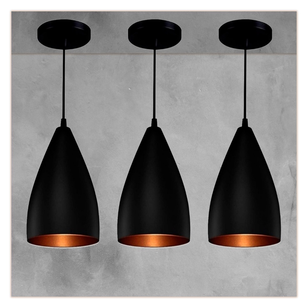 Pendente Vegas Lustre Preto c/ Cobre Kit c/3 Lustre sala Cozinha Balcão