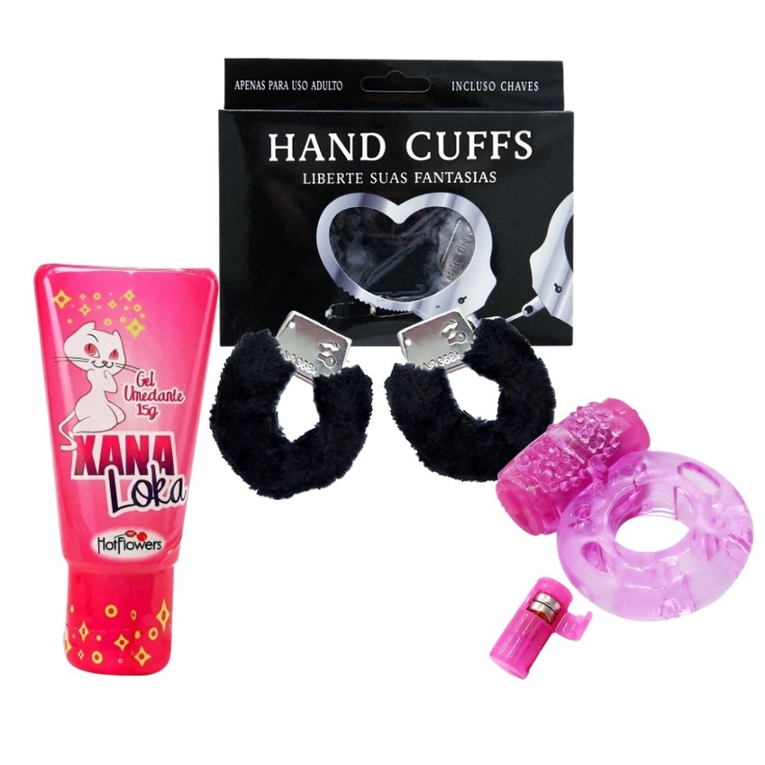 Kit Anel Peniano c/ Vibro + Gel Xana Loka 5g + Algemas Metal em Pelúcia sexshop em Oferta na Shopee