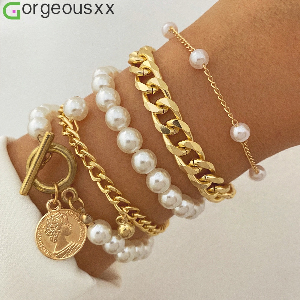 5pcs/set Vintage Temperamento Imitação De Pingente De Moeda Esculpida Pérola OT Pulseiras De Fivela Para Jóias De Presente Femininas Acessórios