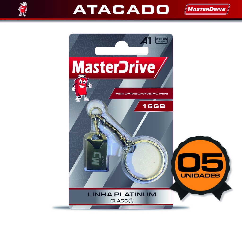 Kit 5 Mini Pendrive 16GB MasterDrive PLATINUM Original a Prova D'agua Chaveiro Nano Fit Flash