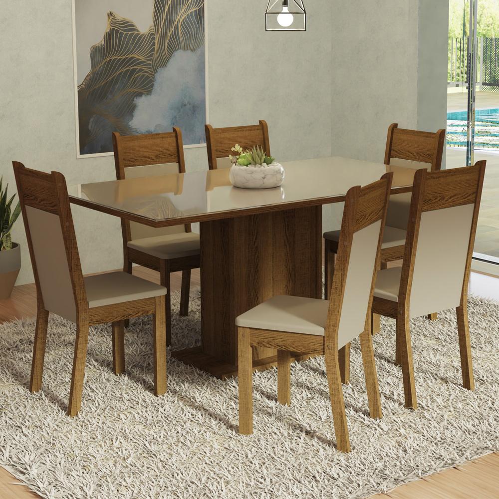 Conjunto Sala de Jantar Mesa Tampo de Vidro 6 Cadeiras Crema/Rustic/Bege Francine Madesa em Oferta na Shopee