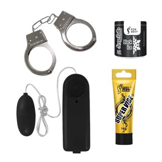 Desejo e Fetiche Kit Com 1 Par de Algemas Metal + 1 Gel Super Vibe + 1 Vibrador + Bolinha Magica Black Ice