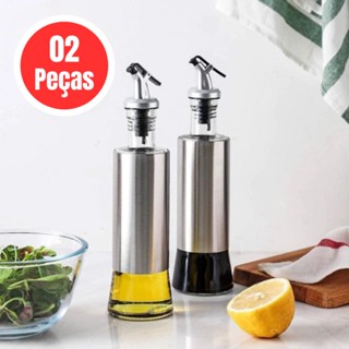 Kit 2 Galheteiros Porta Azeite e Vinagre de Vidro Premium e Aço Inox com Dosador 300ml