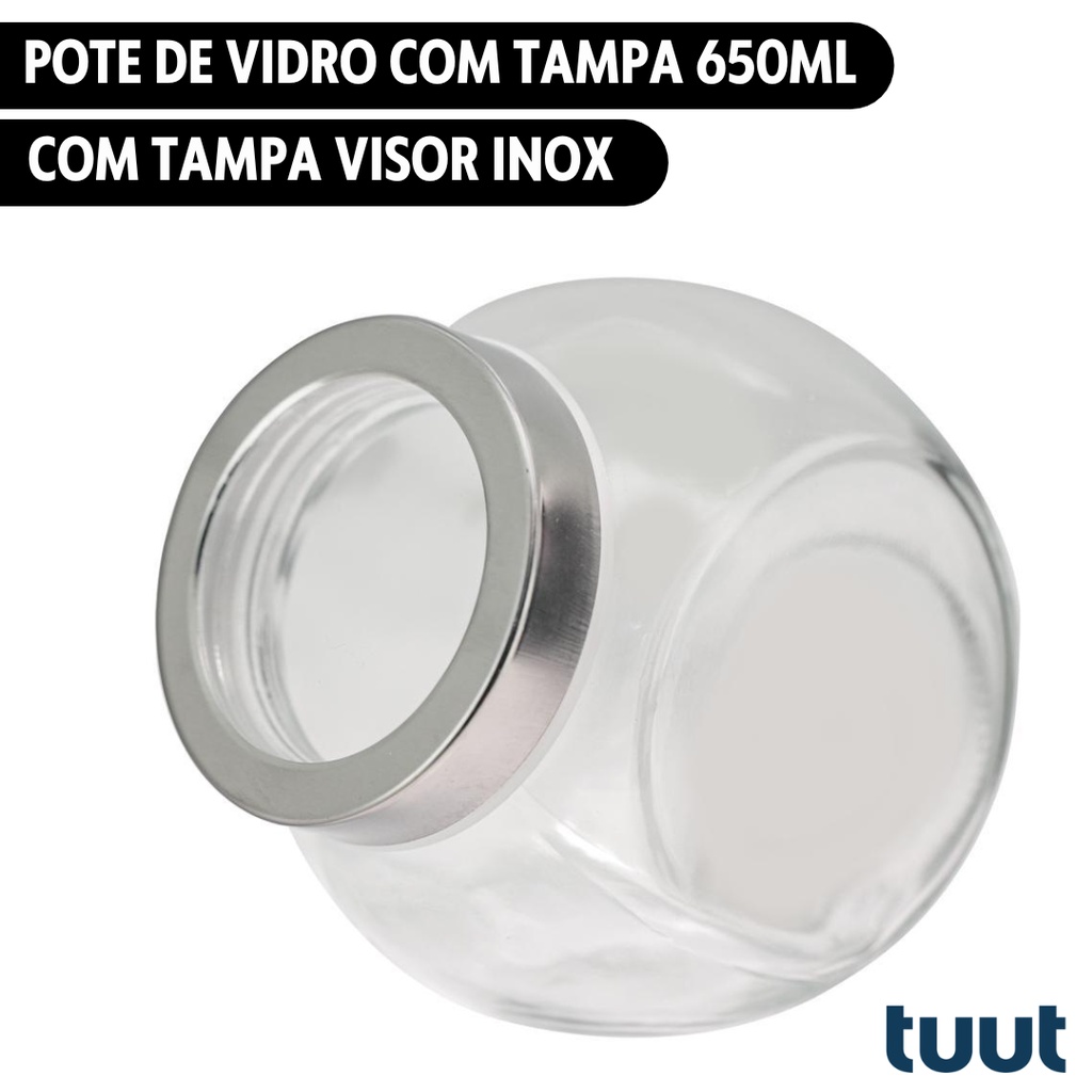 Pote Baleiro de Vidro Com Tampa Visor Inox 650ml Tuut Yazi