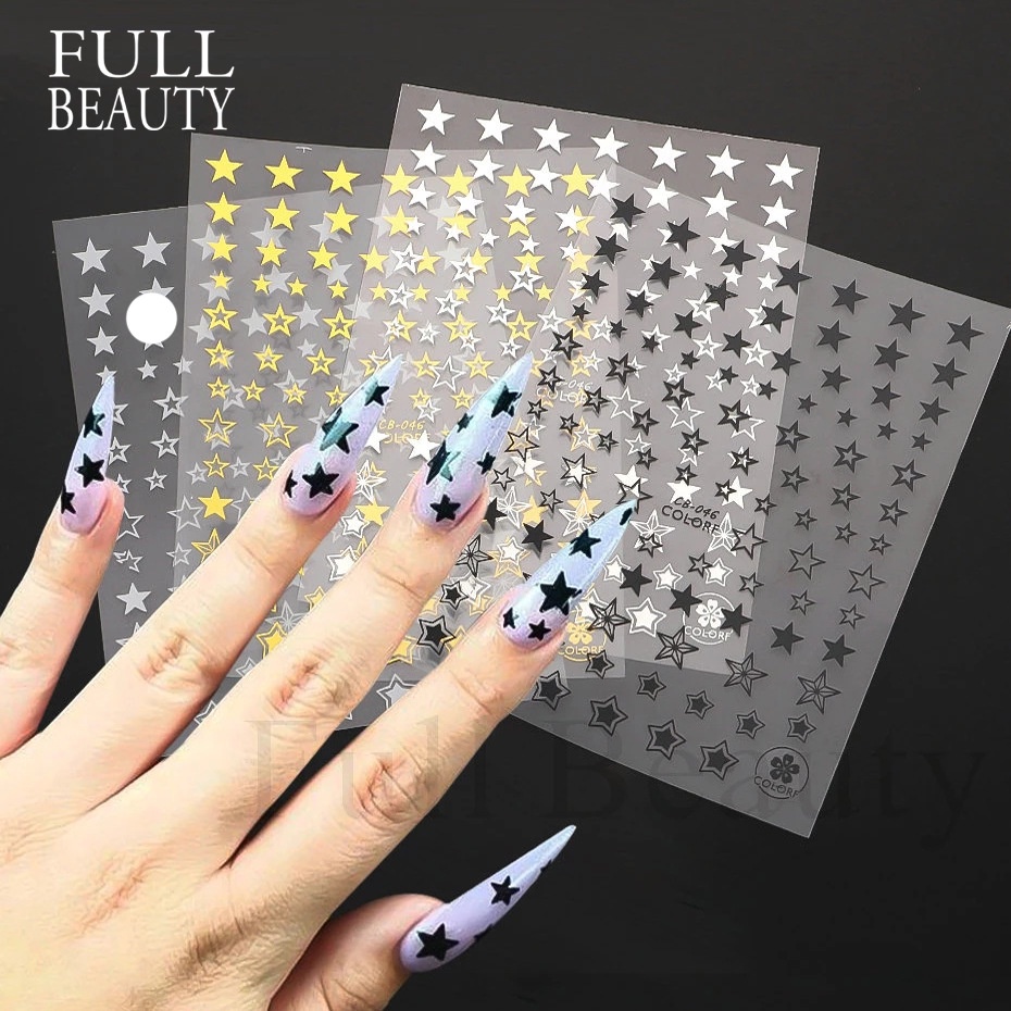 Decalques de Manicure ins Black Gold Silver Stars Cartas Inglesas 3D Adesivos para unhas