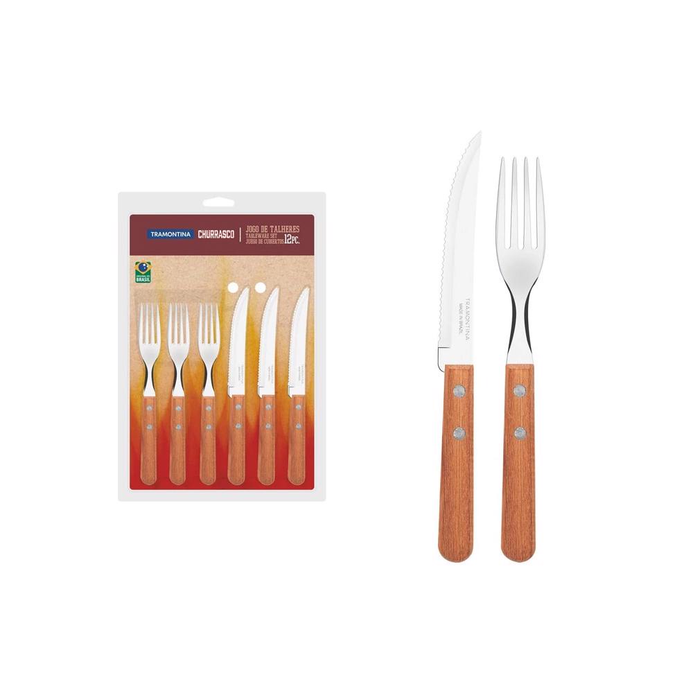 Jogo de Talheres Churrasco em Aço Inox e Cabos de Madeira Natural 12 Peças - Tramontina em Oferta na Shopee
