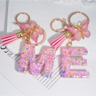 Porta-Chaves Fashion Pink Tassel 26Letters Butterfly Keychain Multi-Color Star Sequin Cheio De Resina Feminino