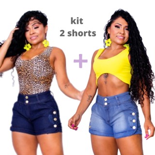 Kit 2 Shorts Jeans Feminino Adulto Cós Alto Com Botão Hot Pants Slim e Plus