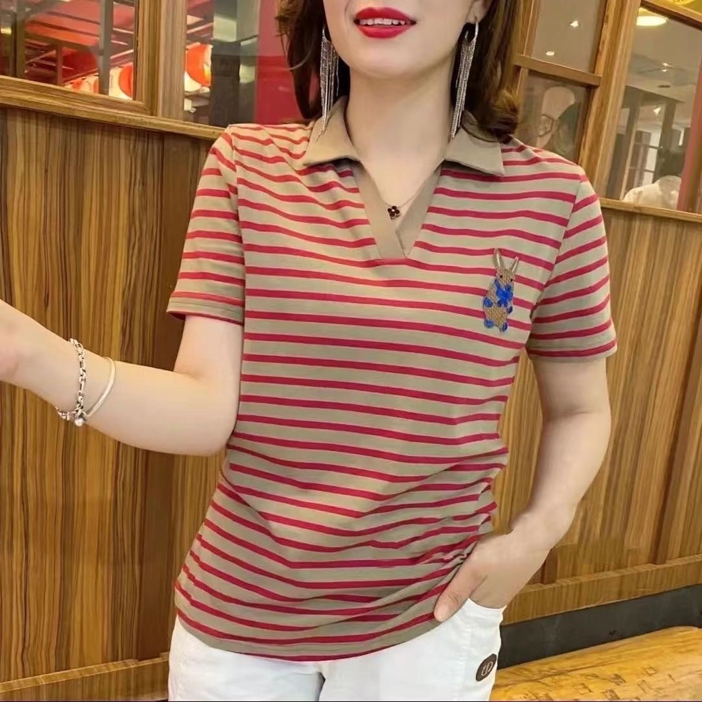 Blusa Para Camiseta Feminina De Manga Curta Listrada Em V Com Decote Nova POLO Elástica Fashion Top